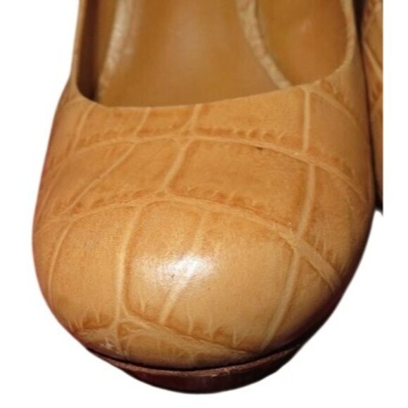 Tory Burch Tan Brown Croc Embossed Italian Leather Platform Pumps Heels size 8.5 - Picture 2 of 12